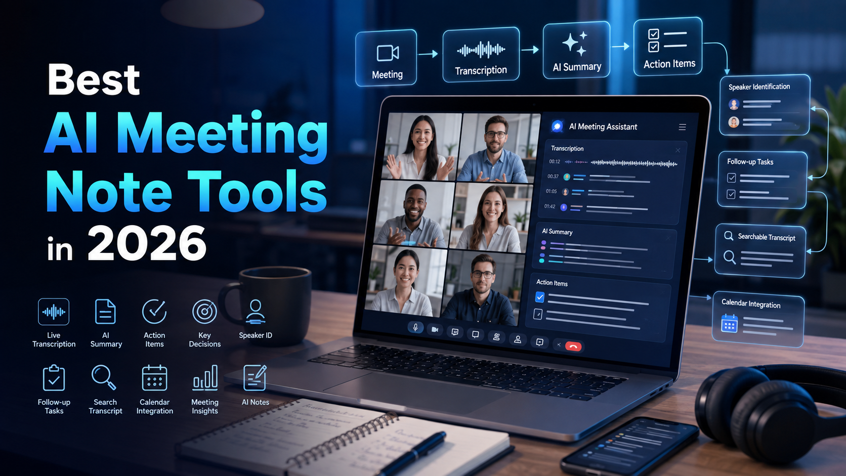 Best AI Meeting Note Tools in 2026 showing an AI assistant transcribing a video meeting and creating summaries, action items, and organized notes.